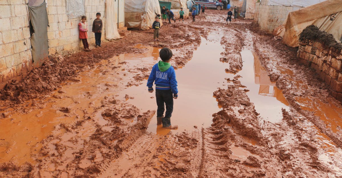Is there a way to find out if I need a transit visa for a layover in the UK? - Group of children standing on dirty wet ground with puddles between old tents in refugee camp with in poor settlement