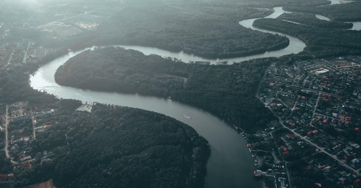 Is there any budget accommodation within walking distance from Whistler's skiing facilities? - Aerial view of river flowing through shores covered with dense woods and suburb settlement