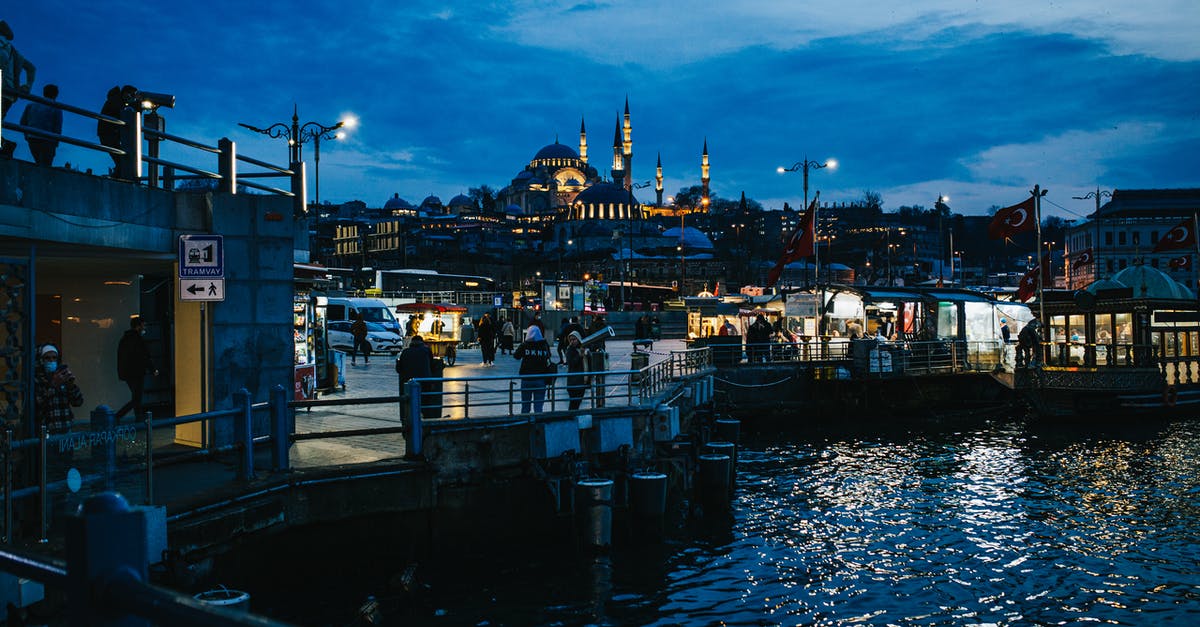 Istanbul - Bosphorus at night - Picturesque cityscape of Bosphorus washing embankment of Istanbul against famous illuminated mosque in night time