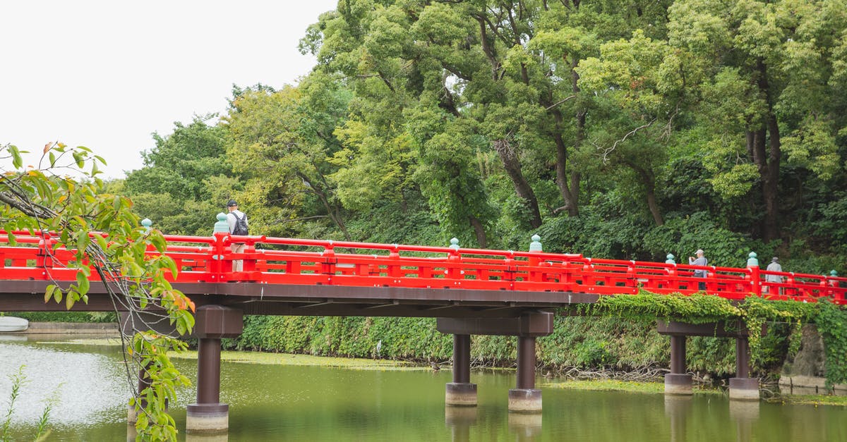 Japan cheapest way to travel? Is carpool/ride share common in Japan? - Tourists walking on red bridge crossing green pond located among lush tropical forest in Japan