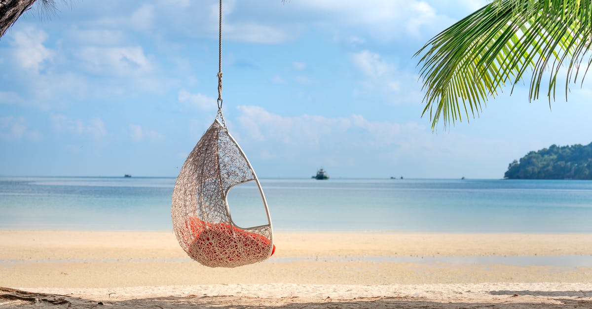 Jeju Island (New Natural Wonder of the World) - How to Get There? - Amazing view of cozy wicker egg chair hanging on palm above sandy beach against endless blue sea in tropical resort