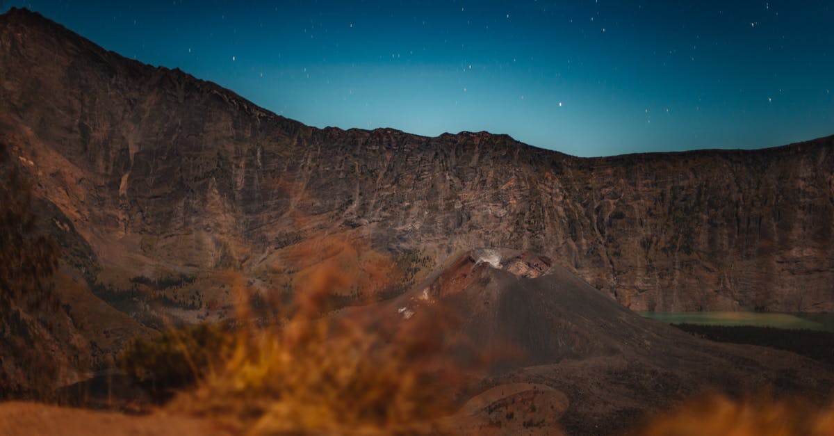 Kawah Ijen (Indonesia) volcano at night - Breathtaking view of majestic Rinjani volcano located amidst rocky mountain ridge against starry night sky