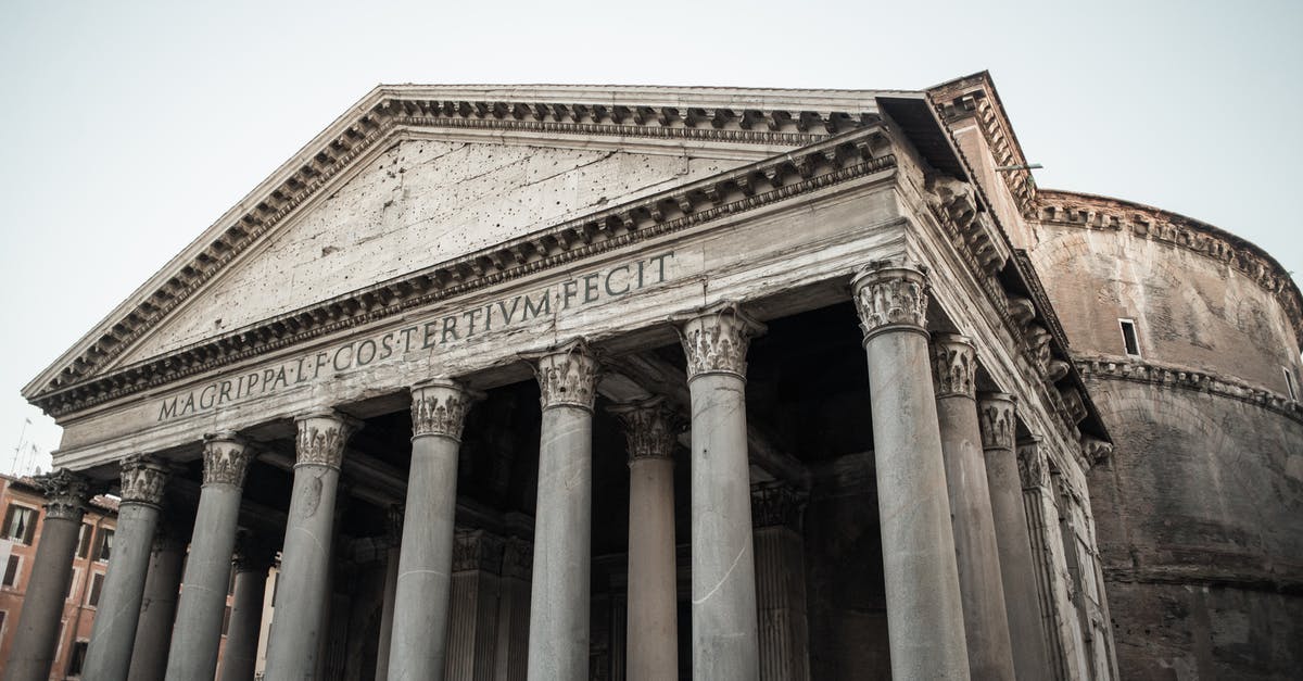 Know the city of origin from an italian passport - From below of antique Rome Pantheon portico with granite Corinthian columns and Latin inscription on facade