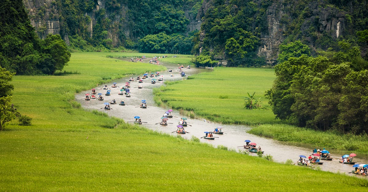 Known Traveler Number when traveling with a tour group - Crowd of people floating on river between grassy fields near green lush trees during trip in Vietnam in Tam Coc