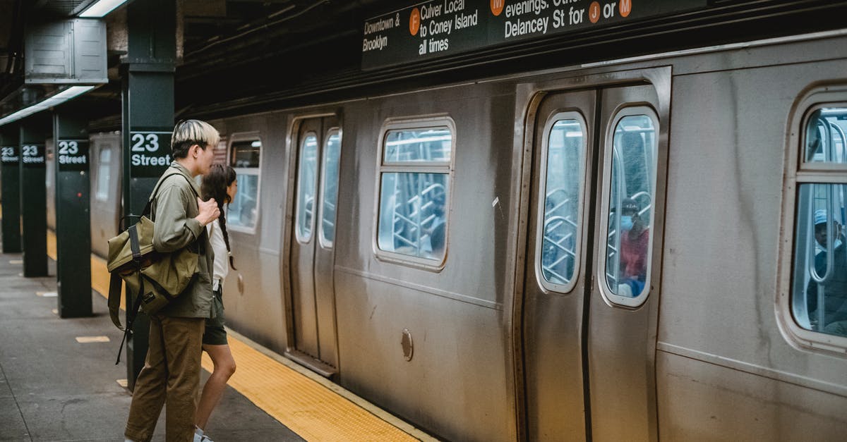 LAX Terminal Transit - Young couple standing in front of train on metro station platform