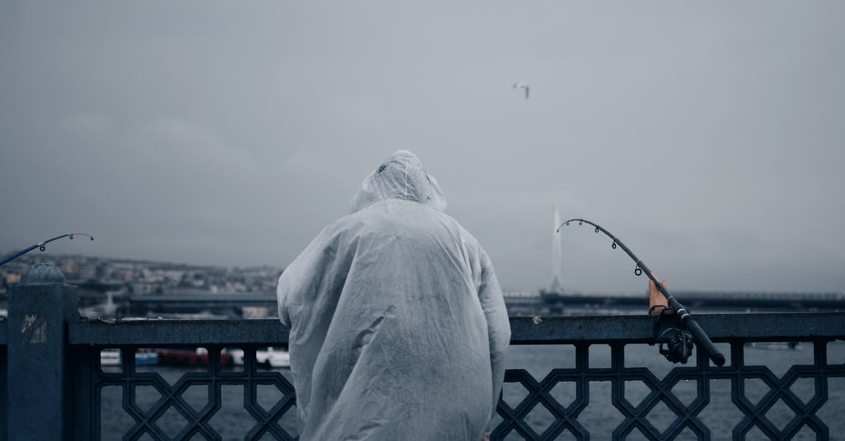 Lebara roaming is apparently free, what is the catch? - Back view of unrecognizable man in transparent raincoat standing behind fence on coast of reservoir and catching fish