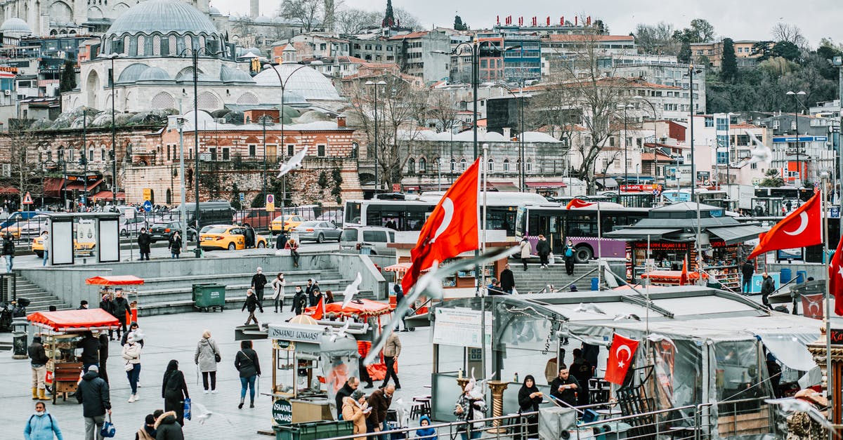 Local markets in Istanbul - Crowded city street against mosques in cloudy day