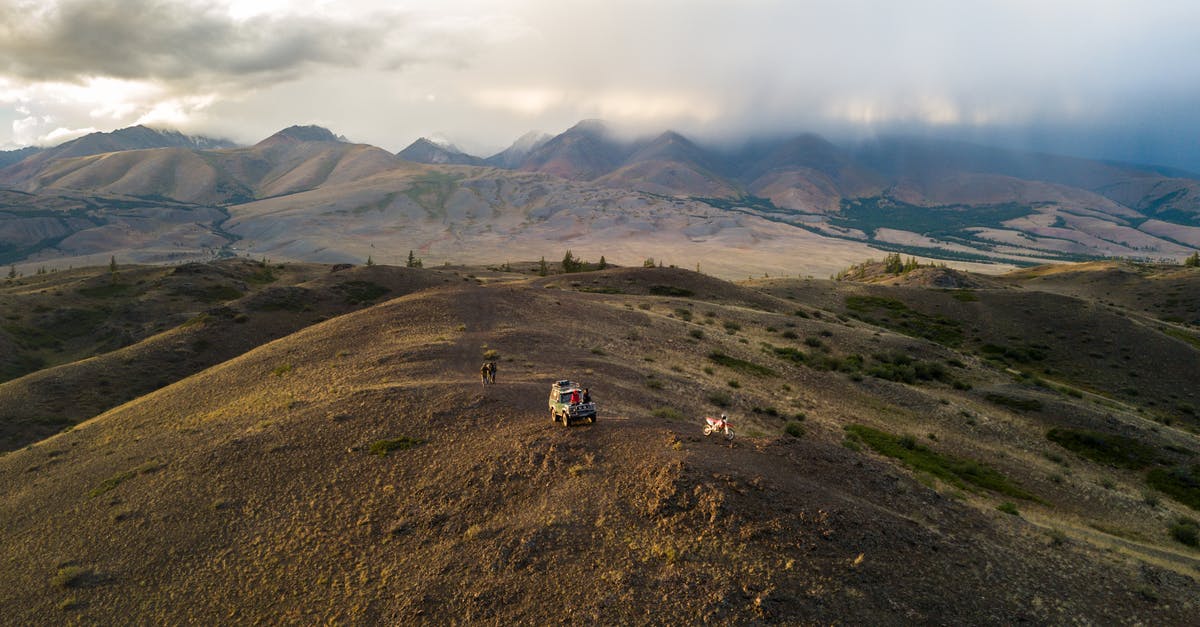 London To Birmingham Off Peak Permitted Routes - Aerial view of car and anonymous travelers walking on top of hill against mountain ridges and desert valleys