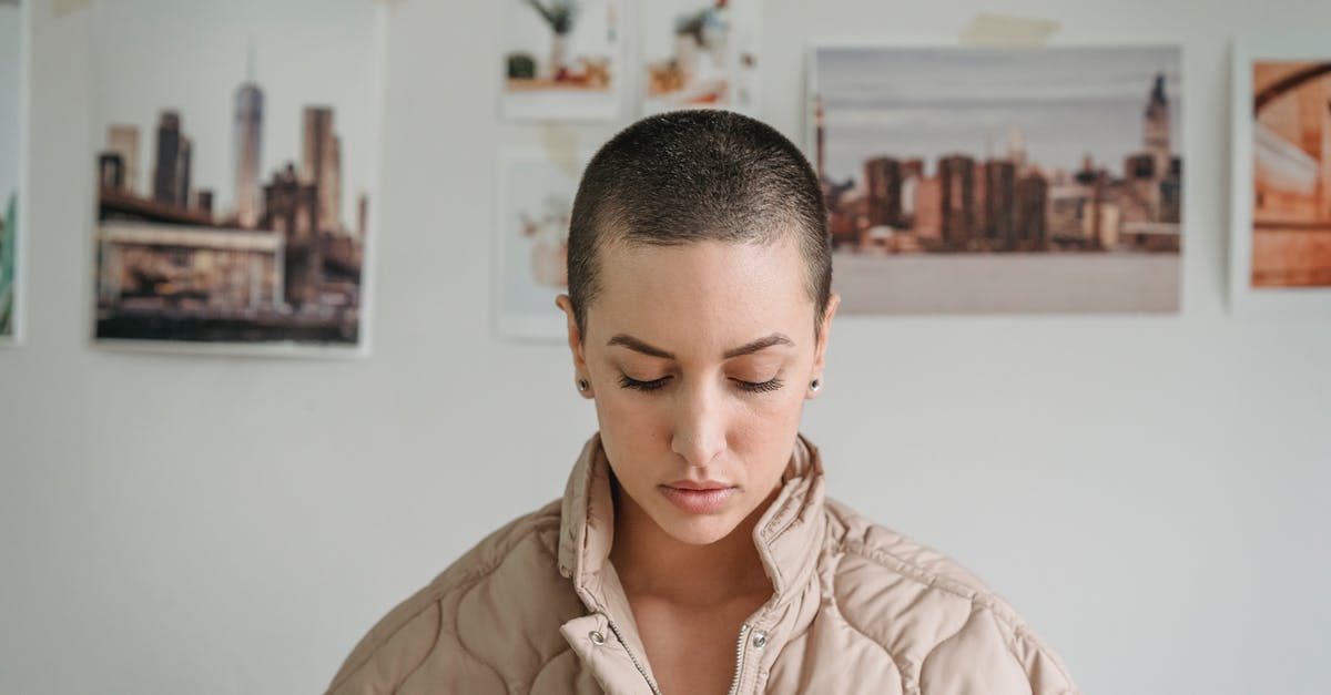 Looks different in reality vs visa photo - Short haired serene female with makeup looking down against decorative images hanging on white wall