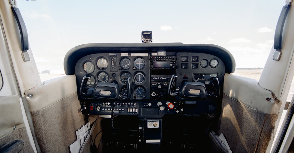 Map displayed in this airplane cabin - Interior of cabin with dashboard consisting of steering wheel sensors and buttons for aircraft control