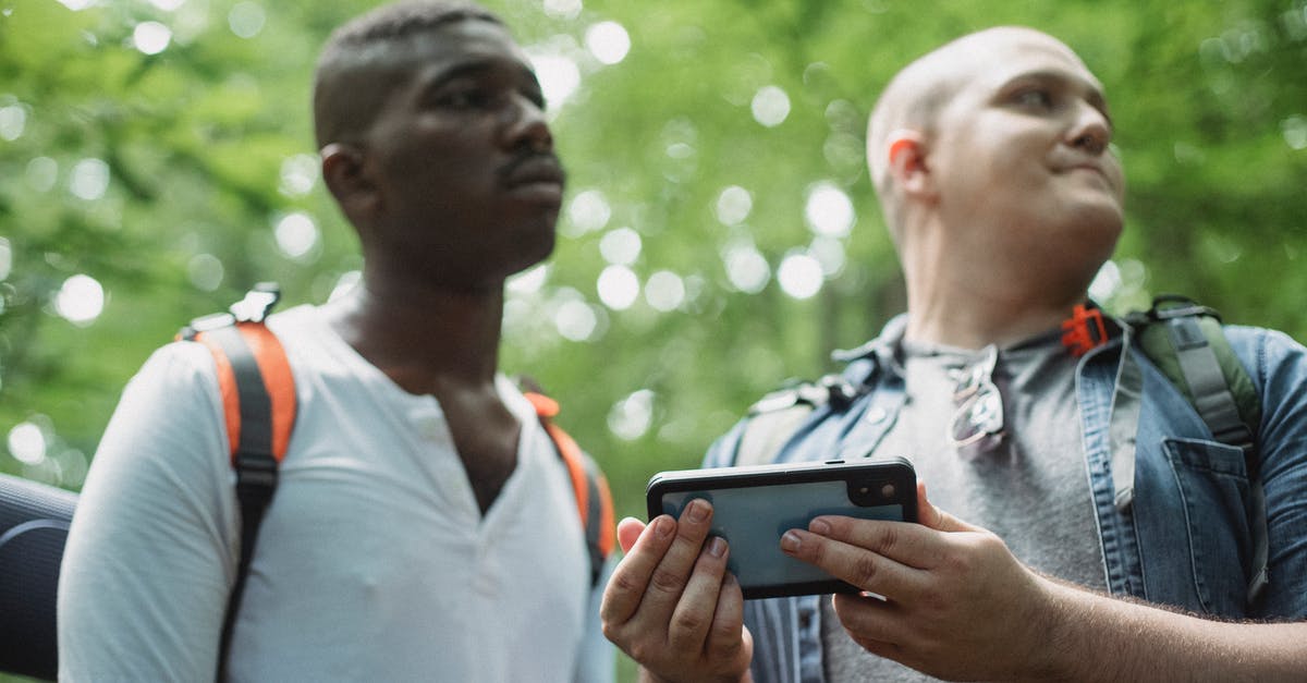 Map of hiking routes in the Polish Tatras? - Low angle of multiethnic young male tourists checking route on cellphone while having adventure in woods