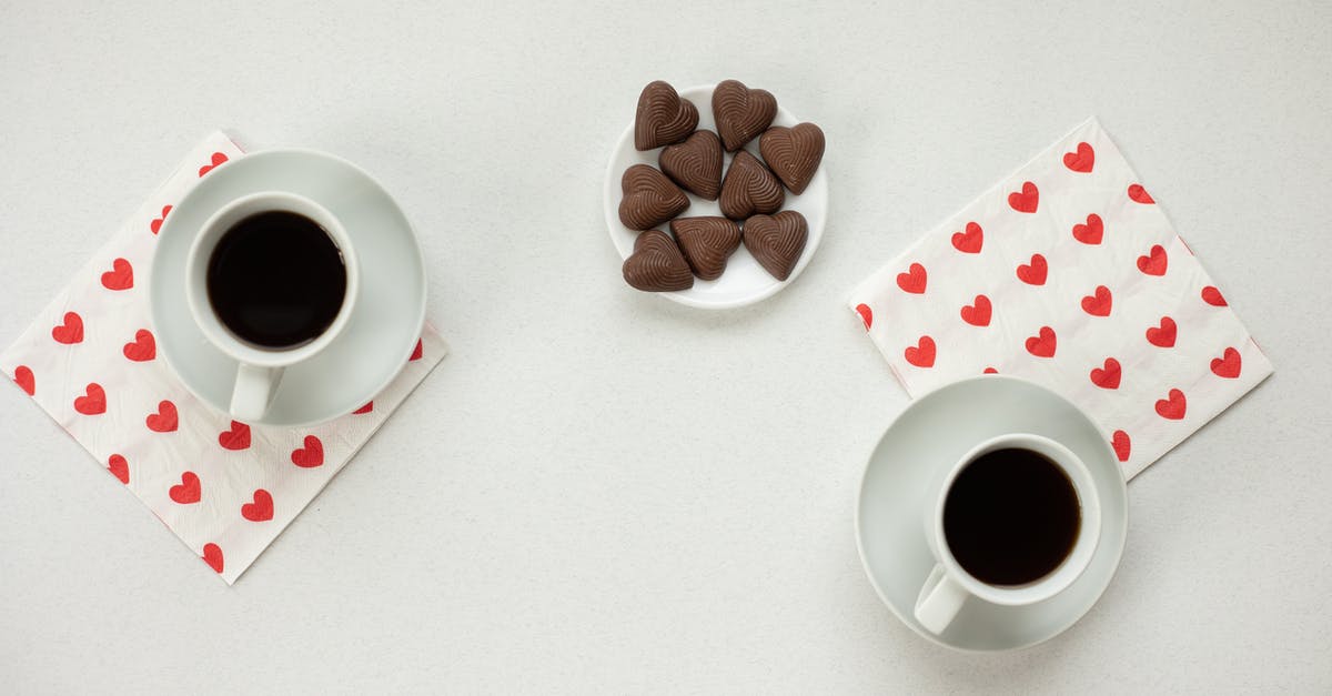 Milano style hot chocolate in Geneva-Bern-Zurich? - Top view of cups with hot coffee and chocolate candies in heart shape on white background