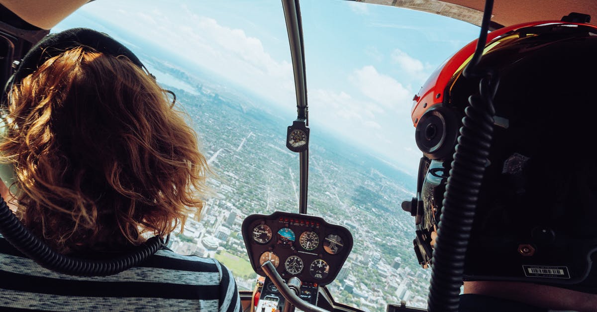 Money back because of the cancelled flight with Onur Air - Back view of unrecognizable travelers in headsets admiring view of city during flight in helicopter