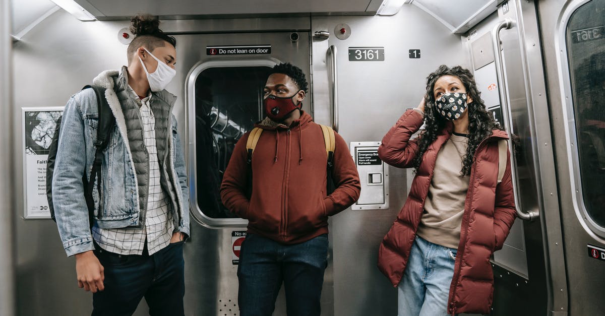 Moscow subway last train time - Unrecognizable multiethnic friends in masks standing in subway train