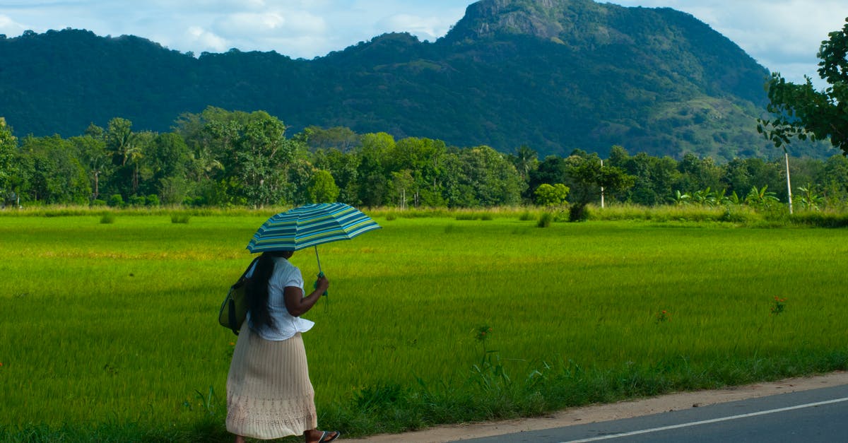 Moving to another country before my visa interview - Woman in White Skirt Walking Along Road Holding Teal Umbrella