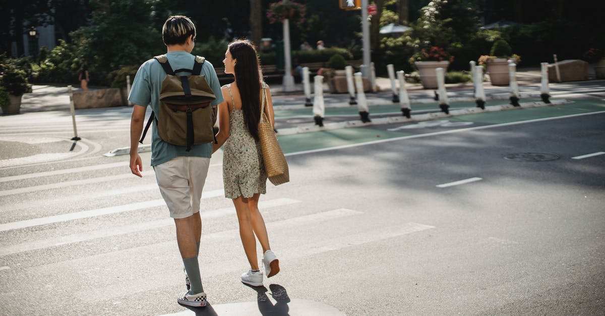 Must drivers stop at zebra crossings / crosswalks in Michigan? - Couple walking along road in sunny city