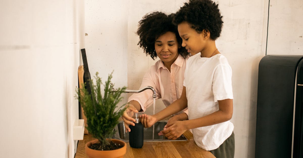 My son applied for UK Visa refused [duplicate] - Glad African American mother with son applying soap on hands while washing hands near counter with green potted plant at home