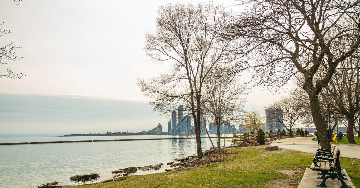 Nashville to Detroit - which is quicker / the major route? - Picturesque scenery of Detroit skyline from peaceful Windsor Riverfront Park with green lawns and leafless trees against cloudy sunset sky