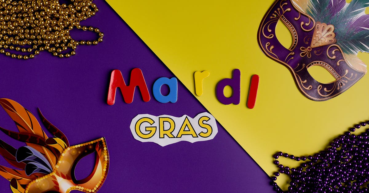 New Orleans Mardi Gras and beads - Masks And Beads On Yeloow And Purple Background