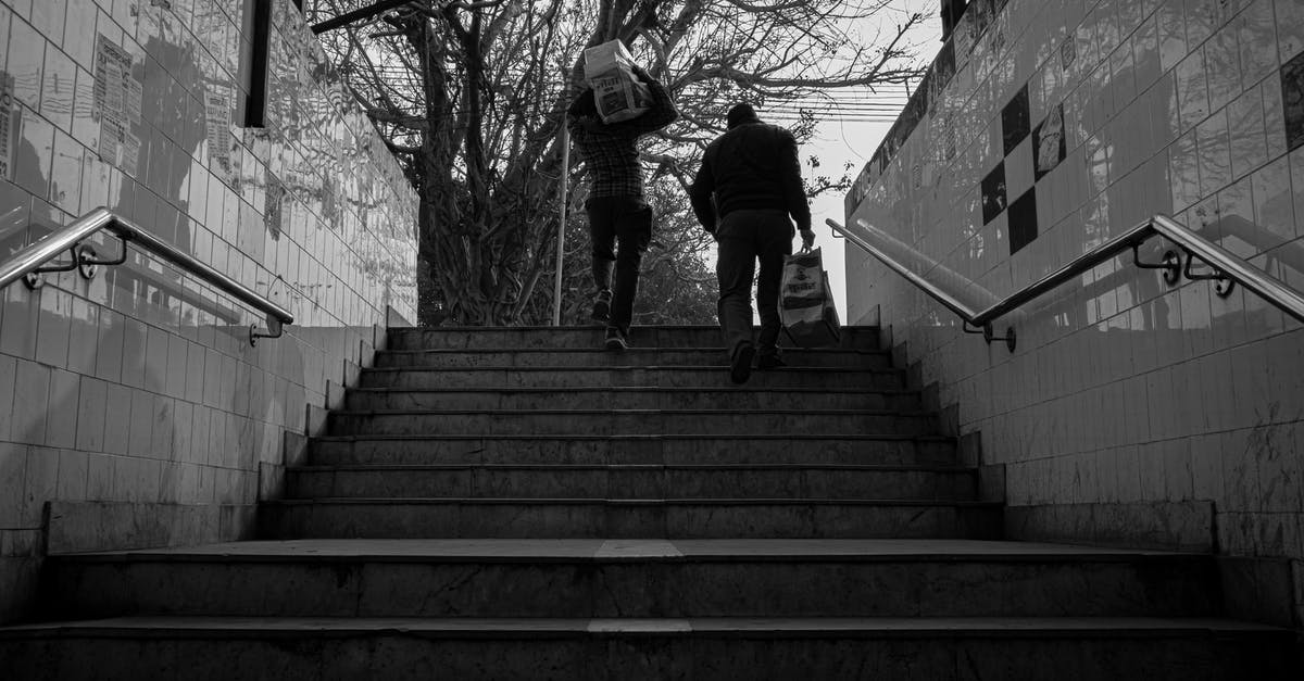 No bags on my airline ticket? - Grayscale Photo of Man Walking on Stairs