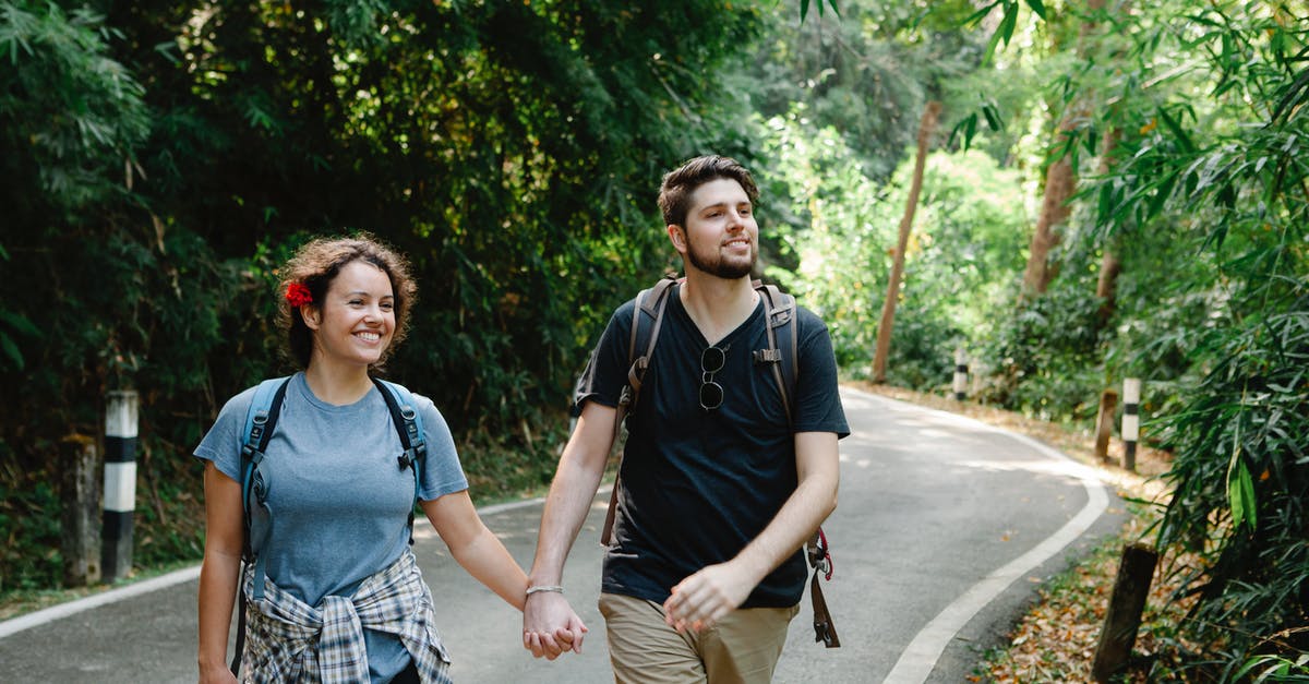 One Way Road Trip [closed] - Positive loving young couple in casual outfits and backpacks holding hands while strolling on asphalt road between lush tropical trees during hiking in park