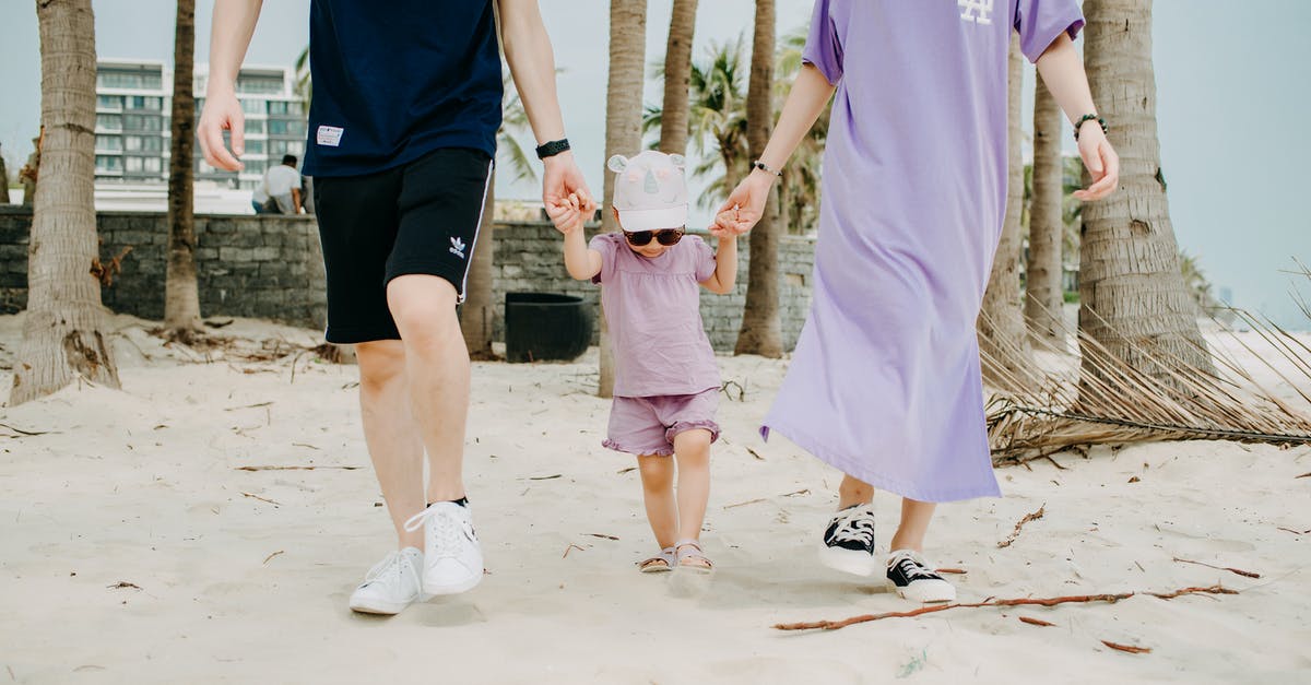 One-way ticket travelling to EU with non-EU wife and children - Crop of young family walking on beach