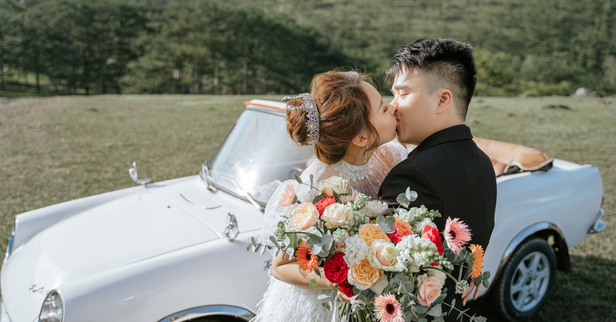 Park car near Paris [closed] - Happy newlywed Asian couple embracing in nature