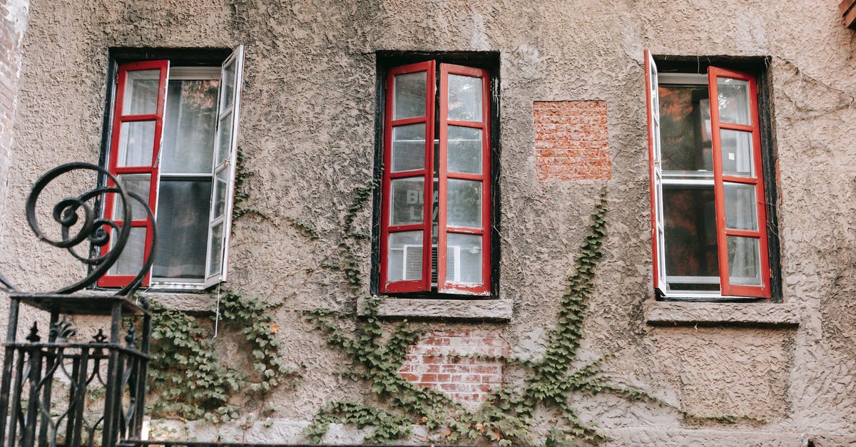 Passport outer cover with slight damage - Low angle of exterior of aged residence covered with plants with red window shutters near black fence in city at daytime