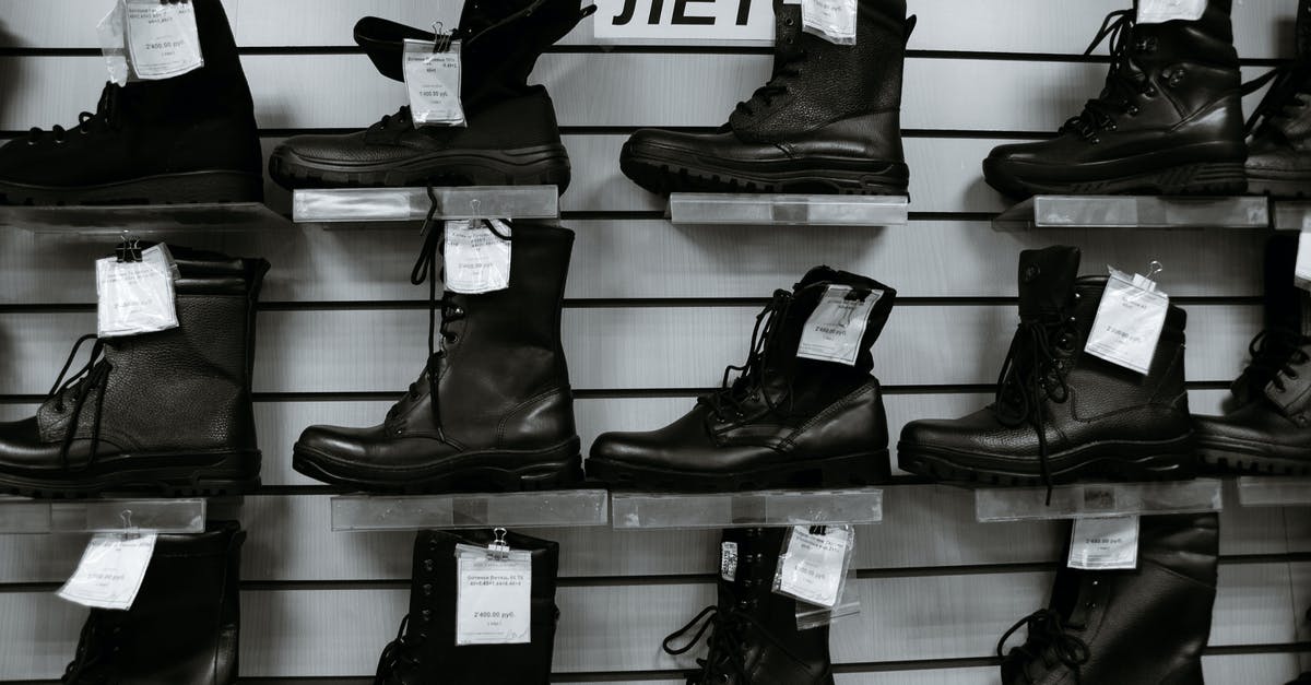 Petrol prices in New Zealand - Black and white high leather boots with laces placed on shelves in shop