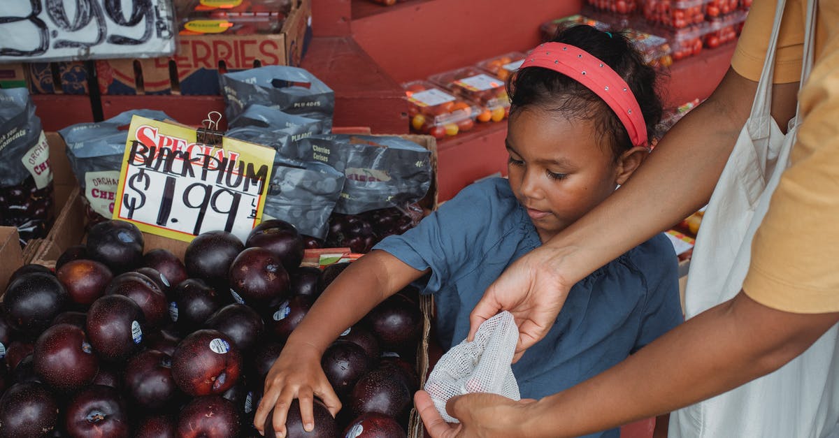 Pick up a package in the US sent from abroad - High angle of Asian mother and daughter picking ripe black plum in eco friendly shopping bag at food street bazaar