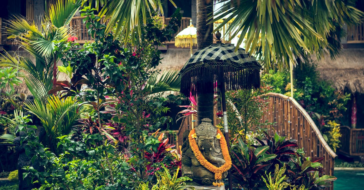 Place with well-treated elephants on Bali or Lombok, Indonesia? - Statue With Orange Necklace Surrounded by Plants and Trees