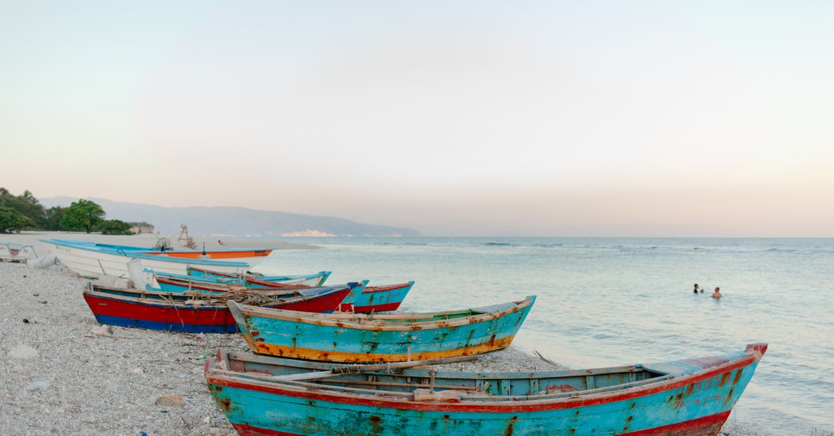 Portugal - fishing by tourist - Boats on beach near sea with swimming tourists