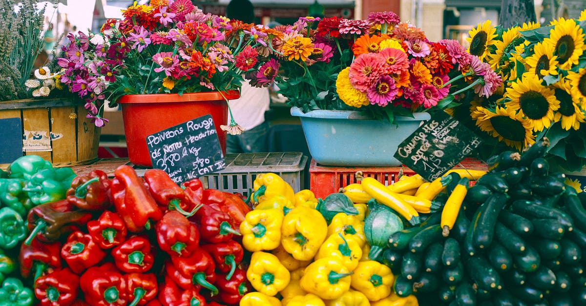 Price difference on Matrix ITA and Google Flights - Assorted fresh pepper and cucumbers at counter with fresh gerberas and sunflowers selling at bazaar