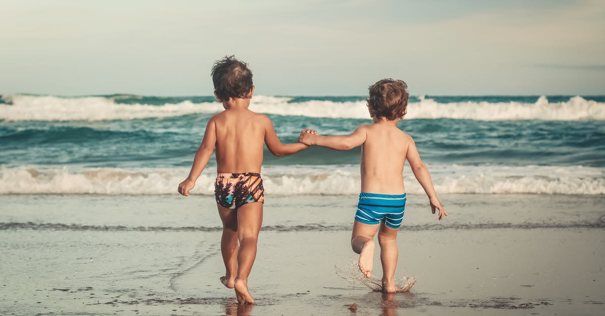 Proving sibling relationship - Back view of anonymous shirtless little brothers holding hands and walking on wet sandy beach towards waving ocean during summer holidays