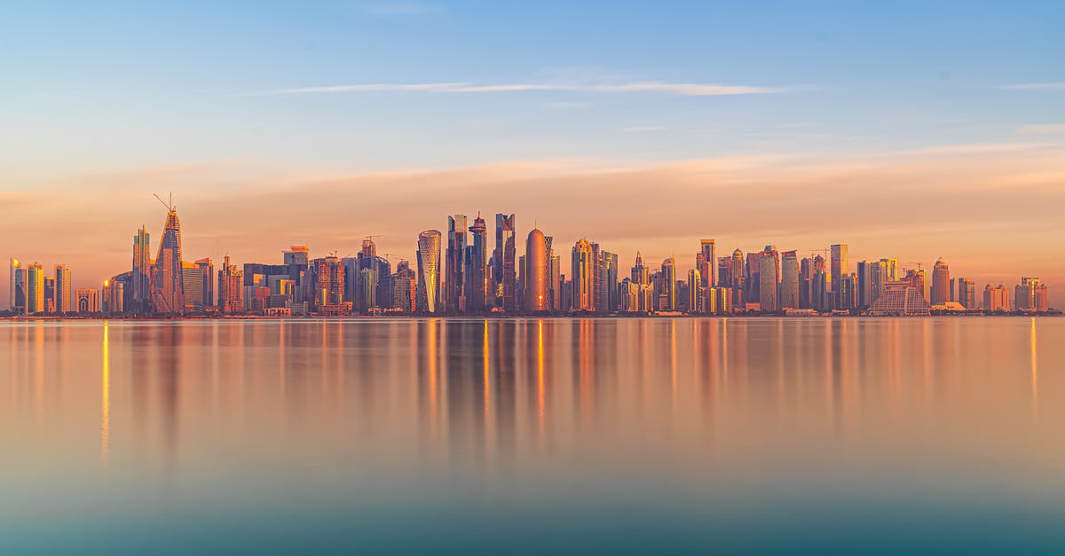 Qatar - Doha - Lounge Options - Scenic cityscape of modern coastal megapolis under sunset sky