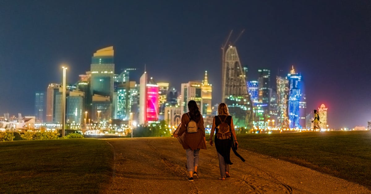 Qatar - Doha - Lounge Options - Back view of unrecognizable female tourists in casual clothes and backpack walking on sandy road towards modern illuminated buildings in Doha at night