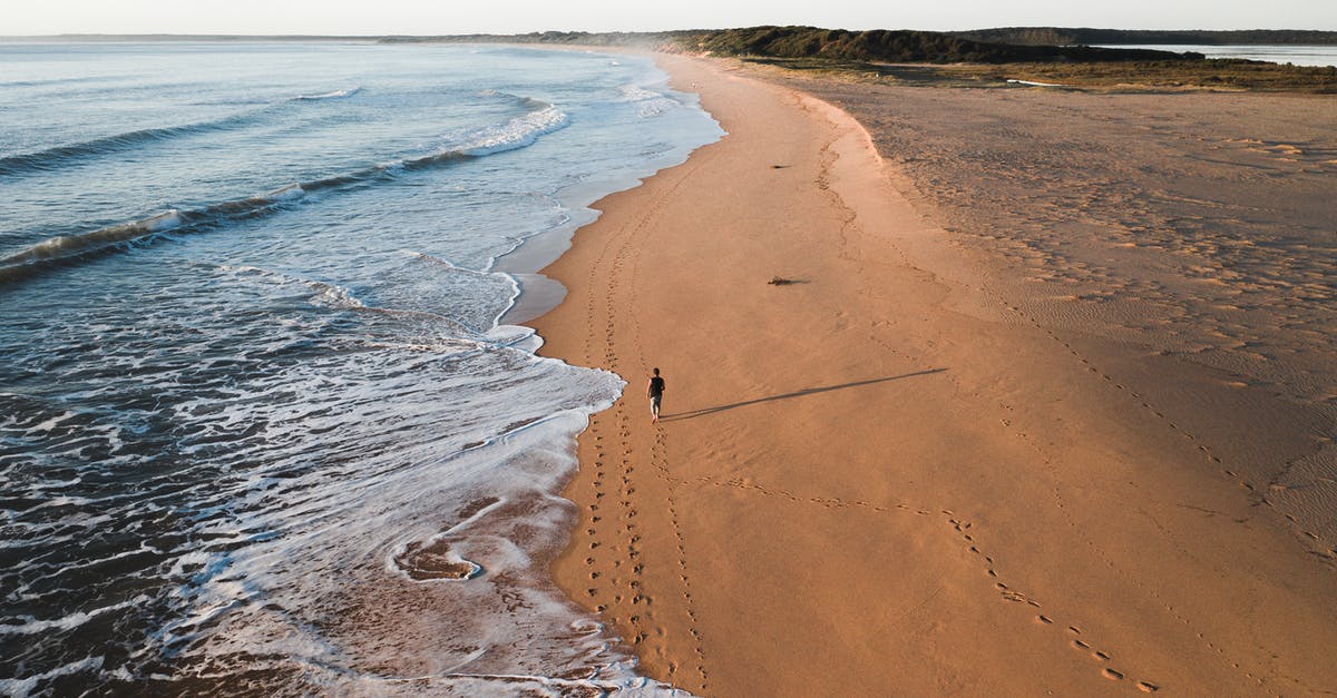 Recent experience with travel to Germany from outside the EU - From above of distant traveler walking along sandy coastline near foamy sea on summer day in tropical country in nature