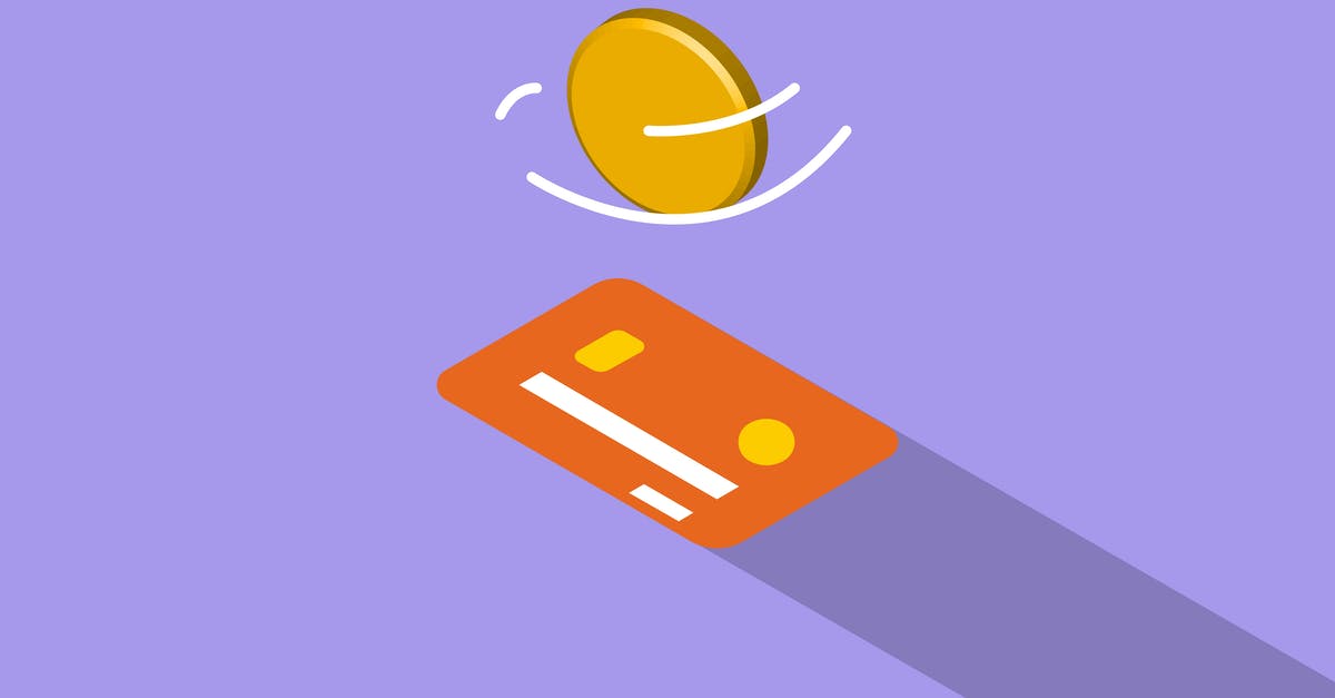 Refund airline ticket to different credit card - Creative graphic illustration of golden coin spinning above credit card on violet background