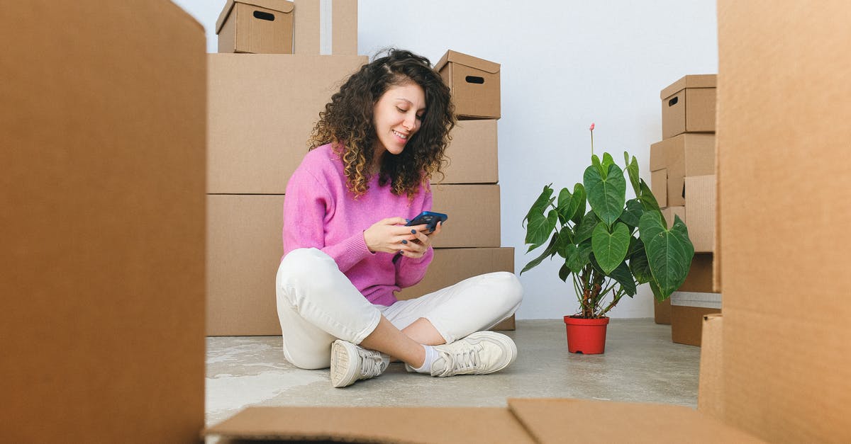 Rent mobile WiFi hotspot for China - Delighted young female homeowner sitting near pile of boxes and browsing smartphone