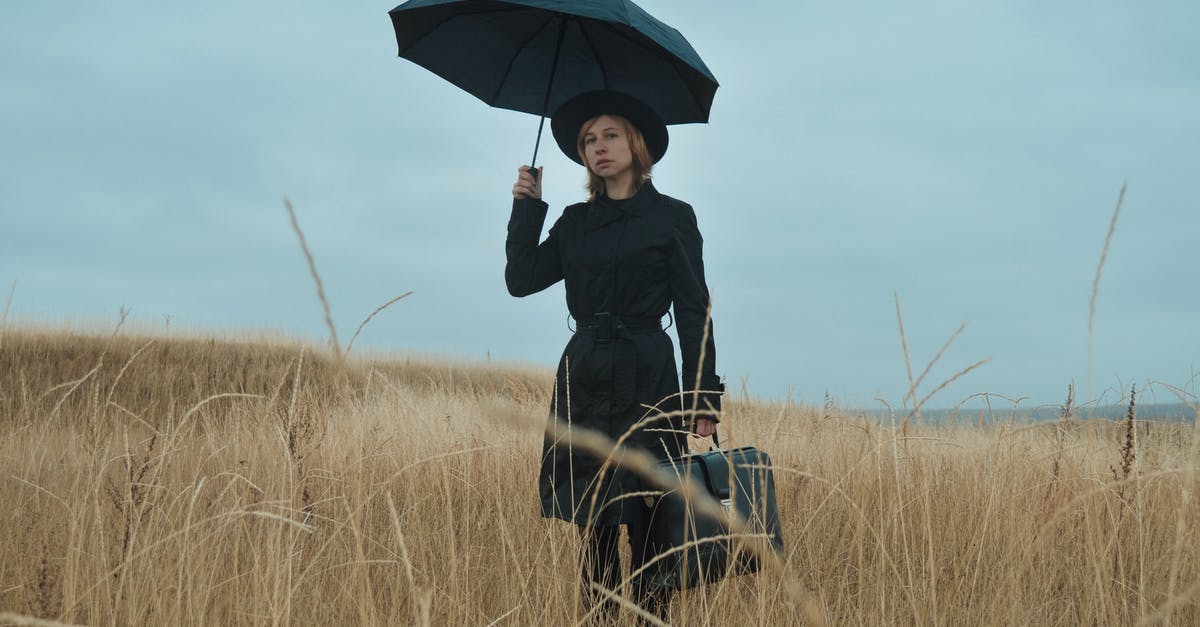 Residence Permit, Leaving country well in time: Impact on future travel? - Serious young female in black coat and hat with umbrella and briefcase standing among dry grass in field and looking away in overcast weather