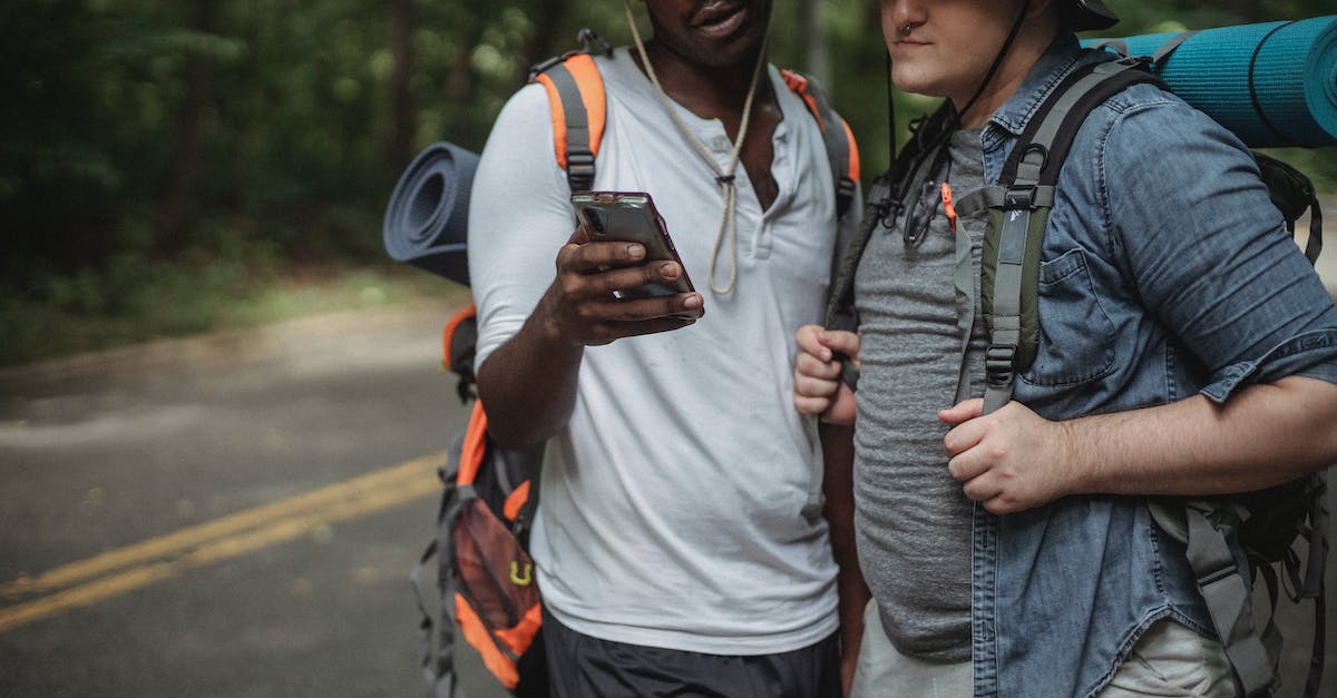 Road trip planner online - Crop diverse tourists with rucksacks watching smartphone on road