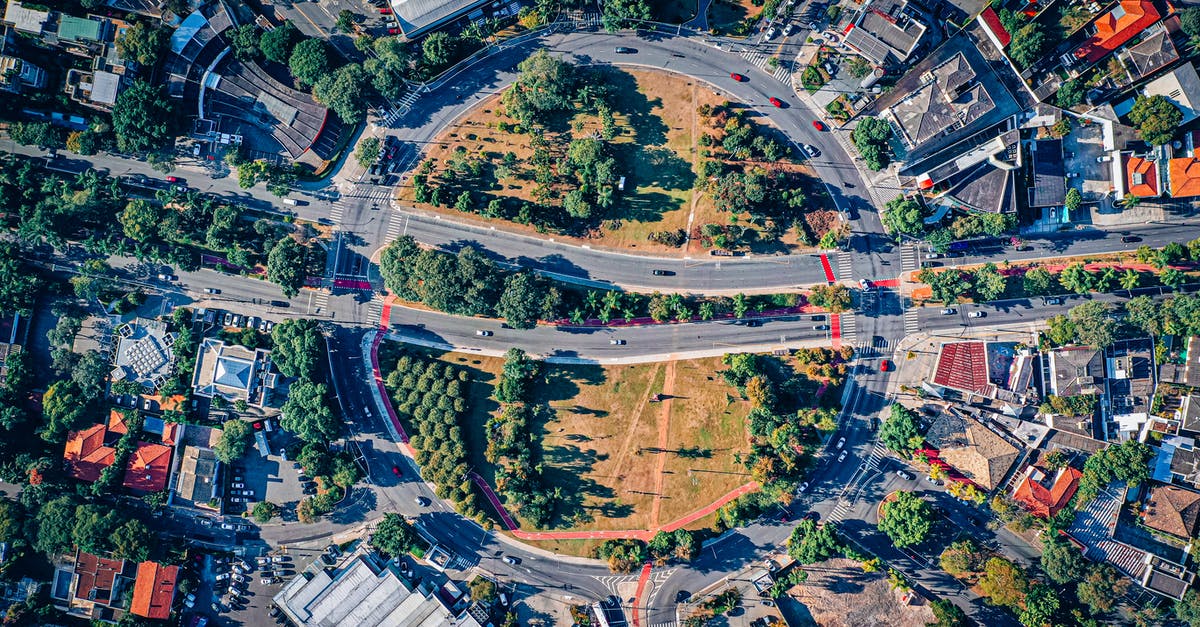 Roundabout in left drive countries - Drone view of cars driving on asphalt roundabout road crossed by straight roads in among residential buildings and trees