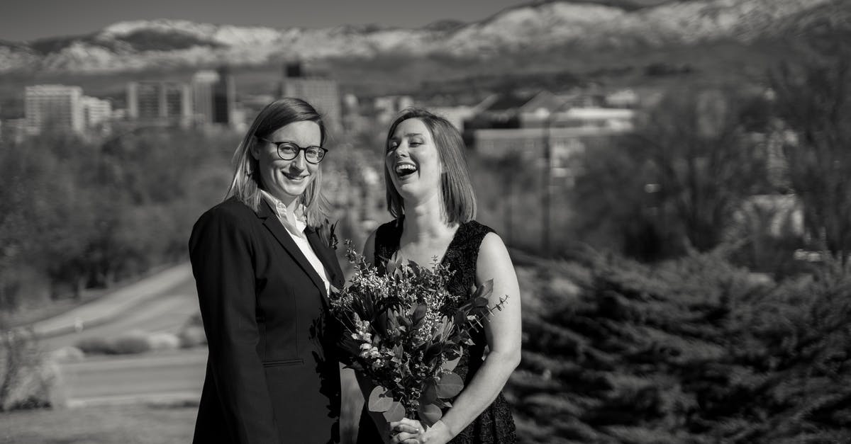 Same sex marriage in USA on visit/tourist visa? - Black and white cheerful married lesbian couple in elegant outfits smiling and standing together against highlands