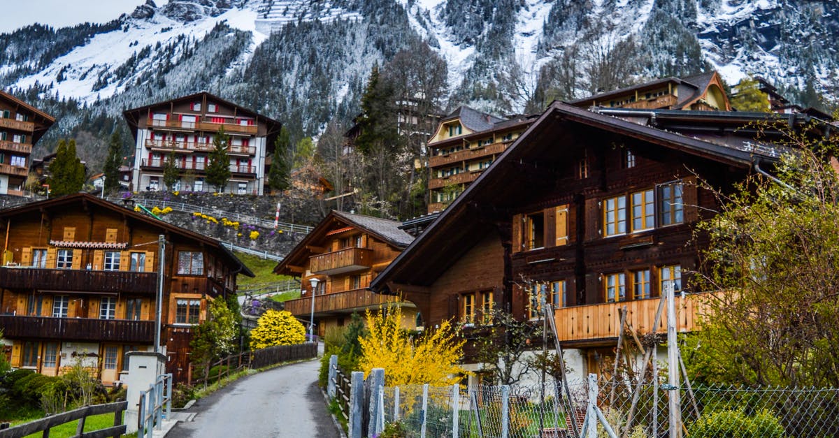 Scenic route from Switzerland to Calais [closed] - Cozy houses and colorful plants near slope of snowy mountain