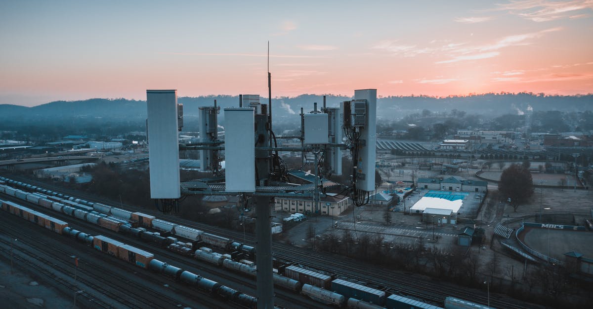 Shipping my mercedes sprinter campervan to USA from UK [closed] - Drone view of contemporary cell tower located near railway tracks with cargo containers and wagons against sunset sky