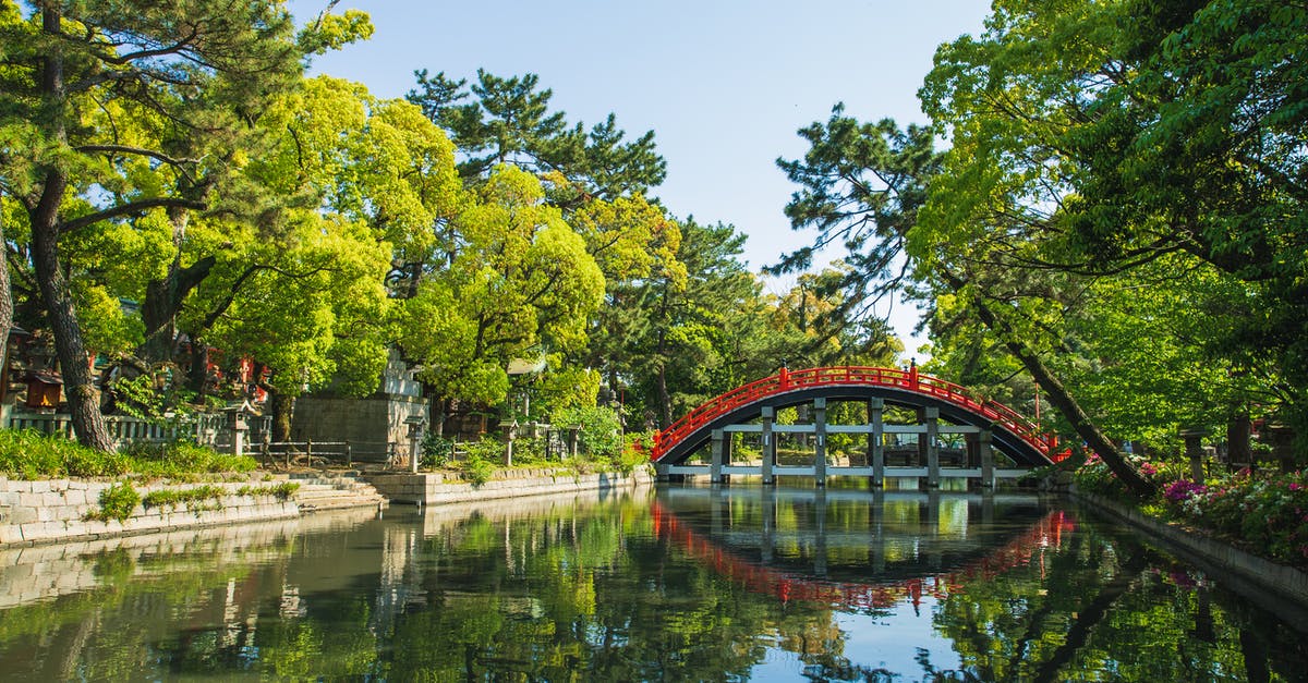 Shore Pass at Narita Airport, Japan - Picturesque view of green Sumiyoshi Grand Shrine temple territory in Osaka Japan on summer sunny day