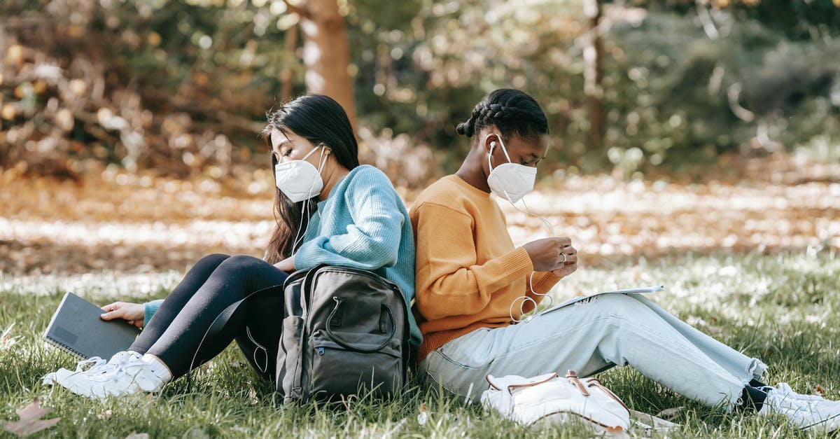 Ski holidays in France - January 2021 and Covid pandemic - Diverse young friends in medical masks resting on fresh verdant grass in park on blurred background of trees