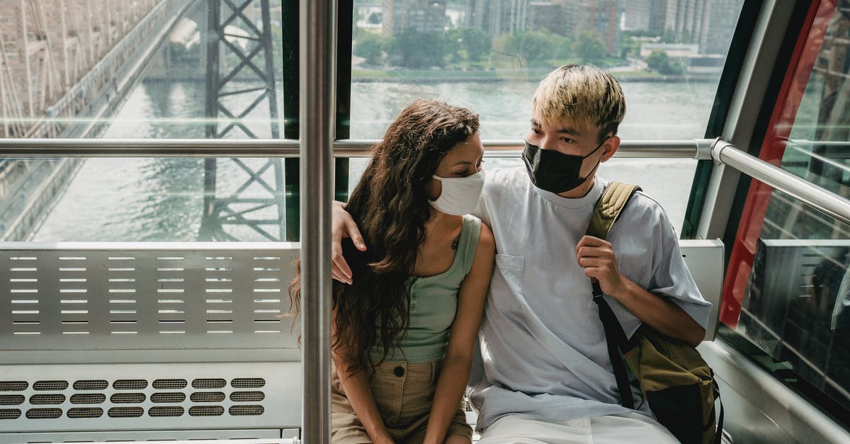 Ski holidays in France - January 2021 and Covid pandemic - Diverse couple in protective masks in funicular on ropeway