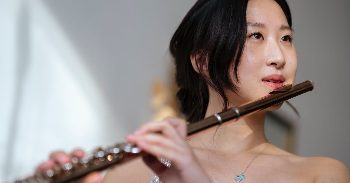Standards of dress for a classical concert in the Czech Republic - Young Asian female in elegant dress near white wall looking away while playing flute during rehearsal for concert
