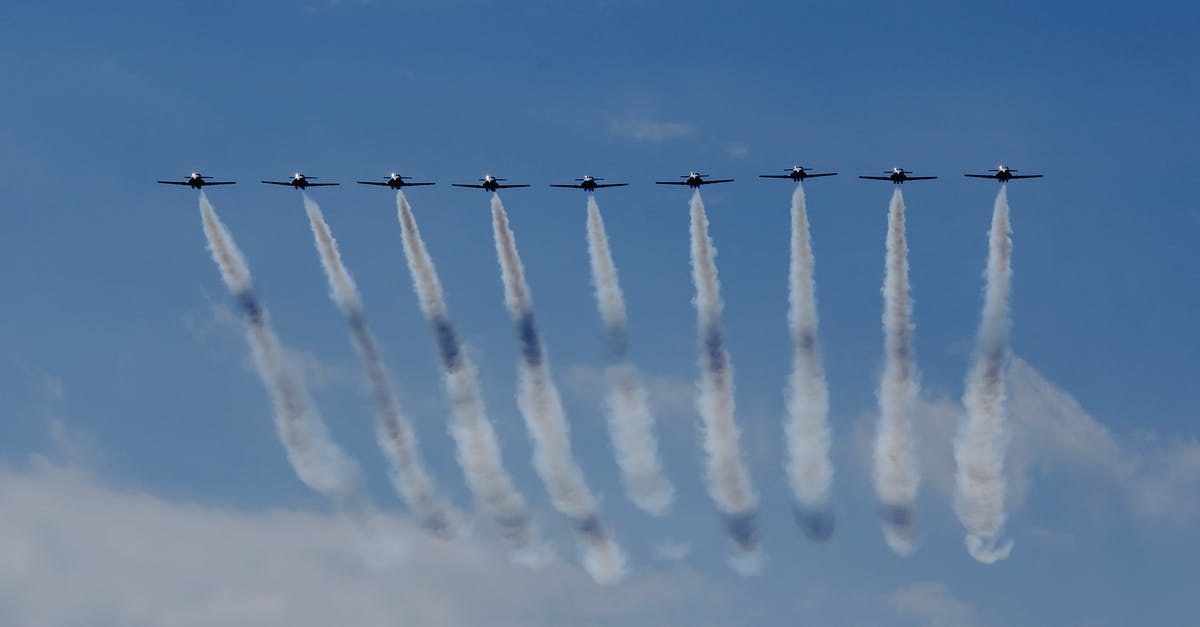 Straight razor on a plane to Moscow from abroad - Air show with airplanes creating traces in blue sky